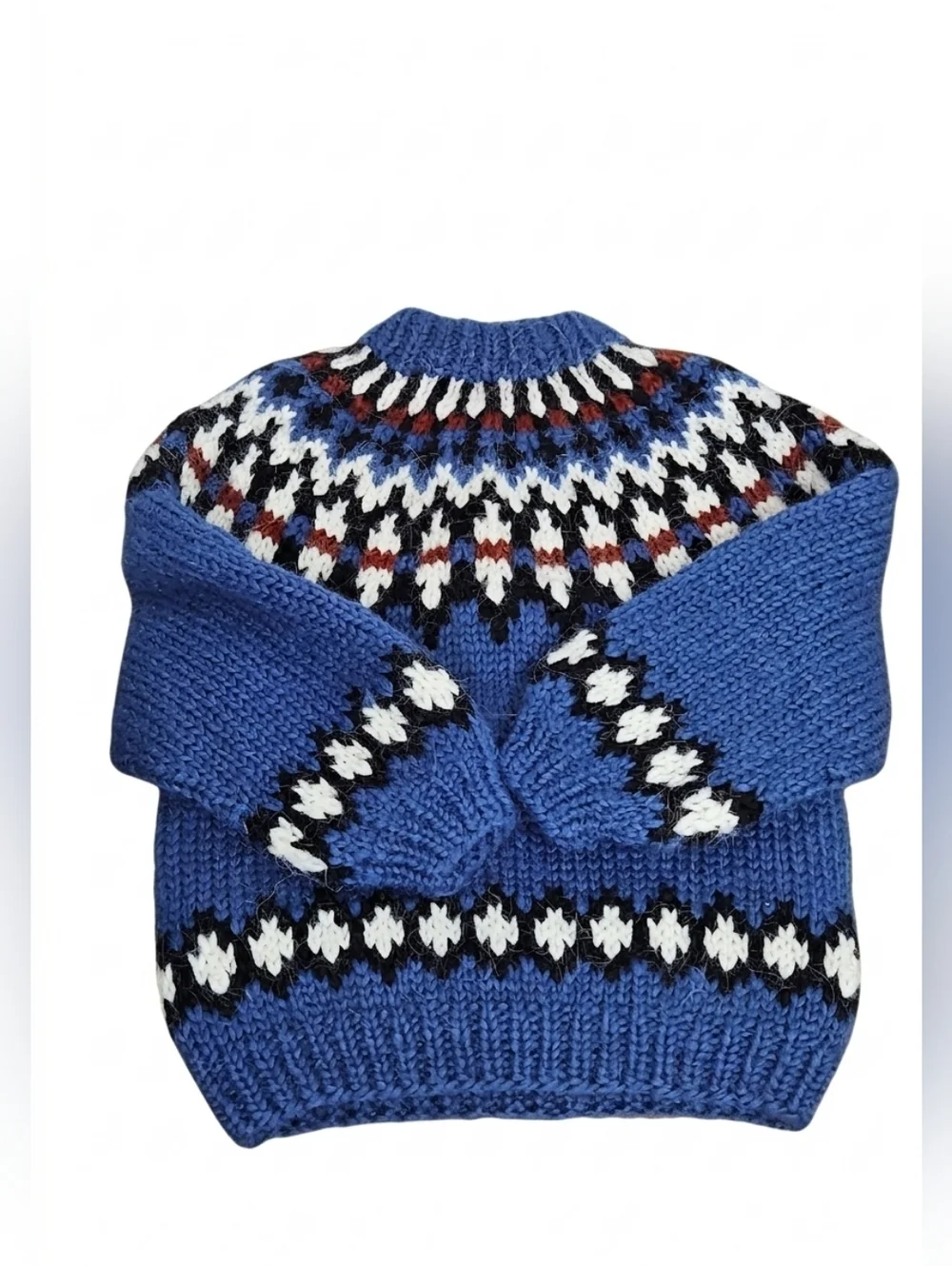 Vintage Handmade Blue Chunky Icelandic Wool Fair Isle Kids Sweater Sz 10 *Read*